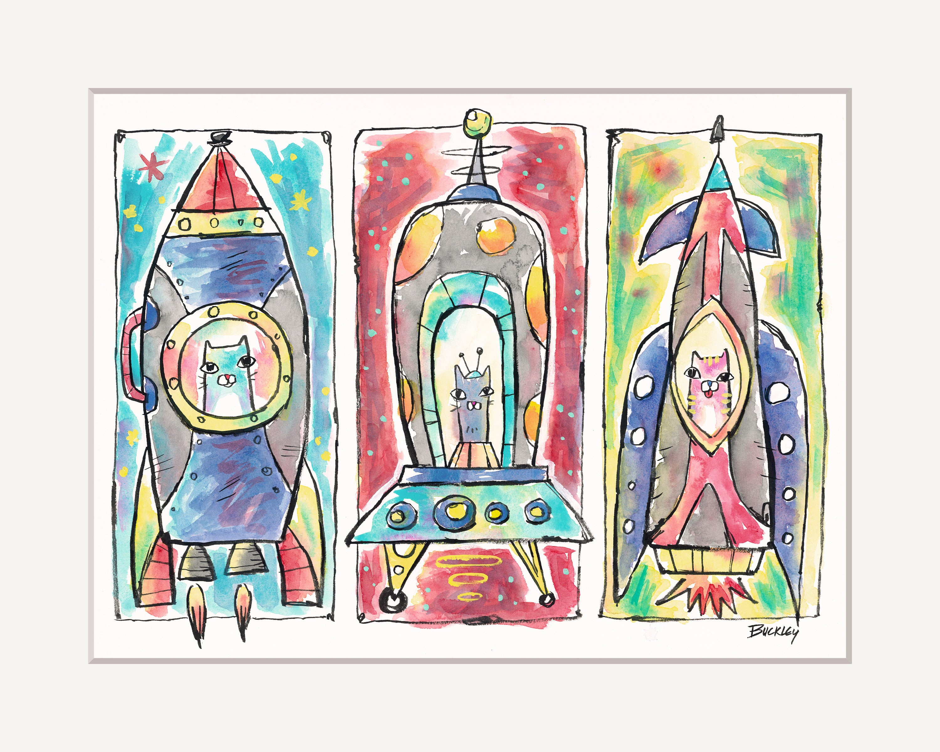 Three colorful illustrations of cats inside rocket ships on a white background.