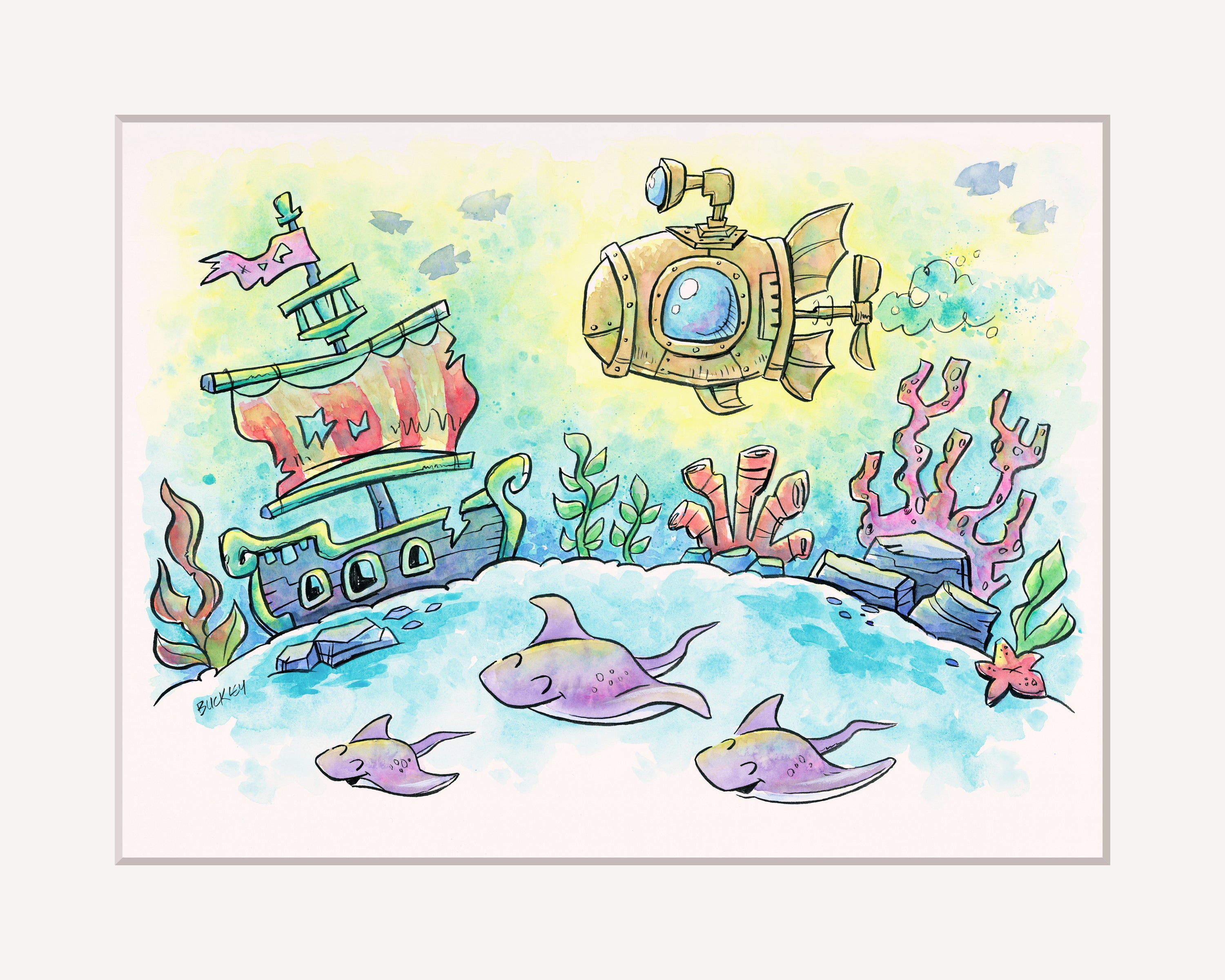 Colorful underwater scene with a ship, submarine, and fish.